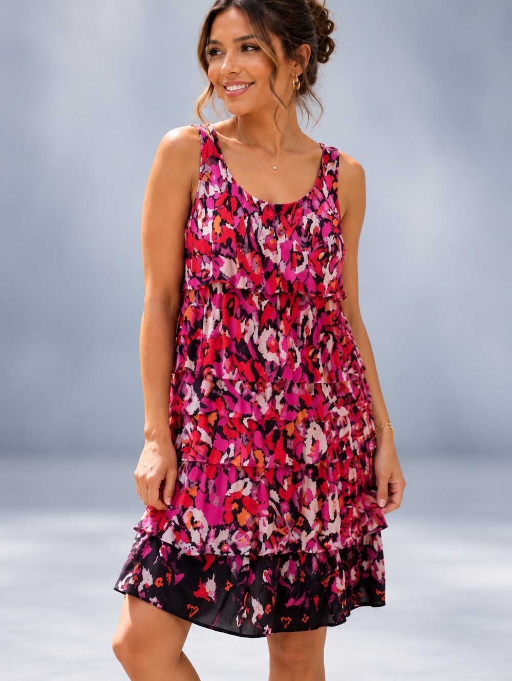 Notations Abstract Print Sleeveless Tiered Ruffle Dress